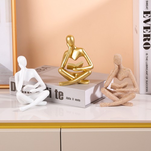 Modern Aesthetic Figurine Decoration Abstract Art Human Sculpture Ornaments Gold Reading Women Thinker Statue for Decor