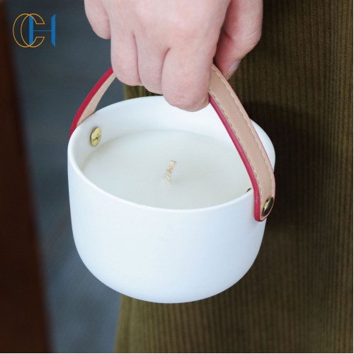 Wholesale New Arrival Luxury Ceramic Unique Design PU Leather Handle Rope Scented Candle Jar with Healing Gemstone Crystal