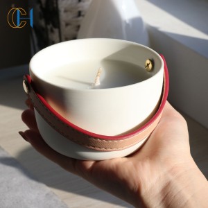 Wholesale New Arrival Luxury Ceramic Unique Design PU Leather Handle Rope Scented Candle Jar with Healing Gemstone Crystal 