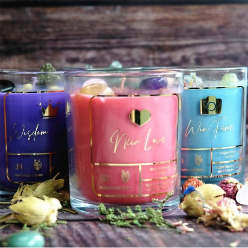 Custom Luxury Private Label Soy Wax Crystal Infused Gem Candle Magical Scented Candles With Dry Flowers