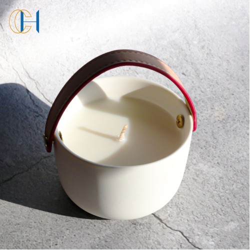 Wholesale New Arrival Luxury Ceramic Unique Design PU Leather Handle Rope Scented Candle Jar with Healing Gemstone Crystal