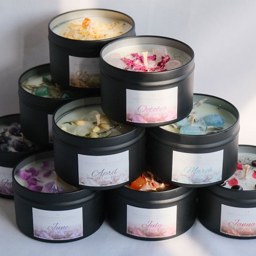 New Arrived Birth Month Themes Birthstone Tin Candle Jars with Lids Spiritual Crystal Healing Herbs Scented Candles