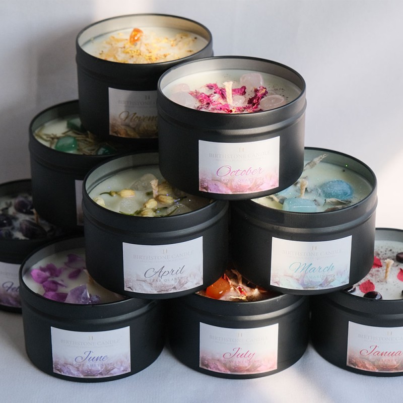 New Arrived Birth Month Themes Birthstone Tin Candle Jars with Lids Spiritual Crystal Healing Herbs Scented Candles 