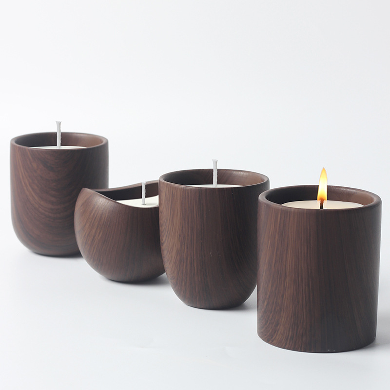 Home Decoration Multi-Function  Scented Candles Set Luxury Type Ceramic Wooden Grain  Candle Jar 