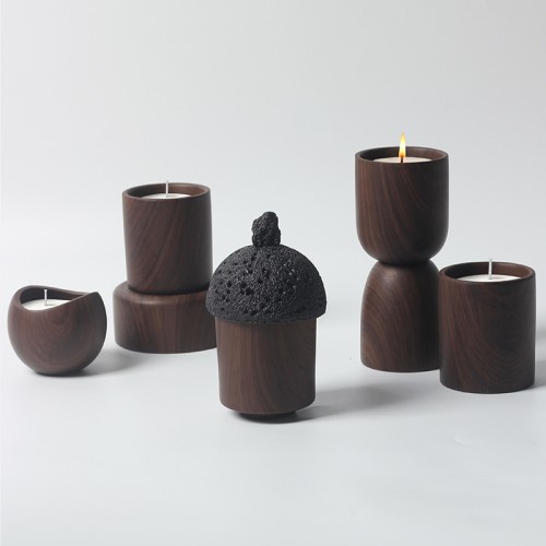 Home Decoration Multi-Function  Scented Candles Set Luxury Type Ceramic Wooden Grain  Candle Jar