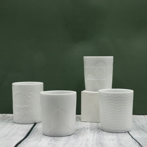 Custom Wholesale Matte Candle Vessels Embossed Empty Candle Container White Ceramic Candle Jar with  Lids